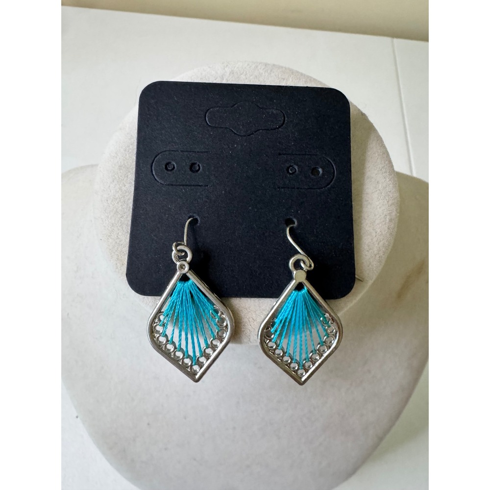 Dainty Diamond Shaped Teal Thread Dangle Earrings Boho Chic Whimsical Fairy Y2K